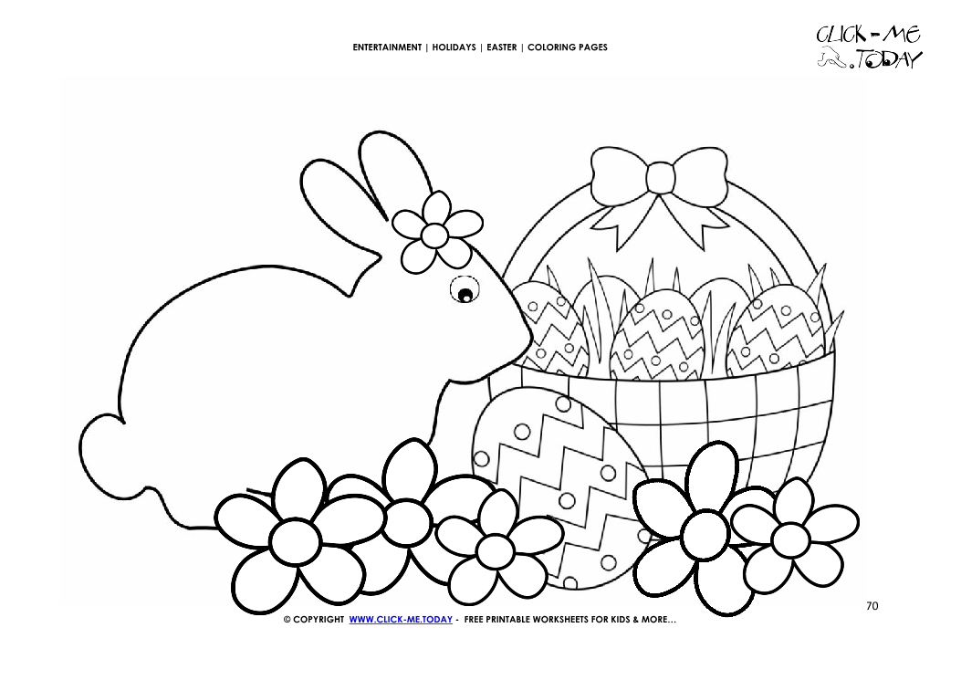 Easter Coloring Page:  70 Flowers and Easter bunny with eggs